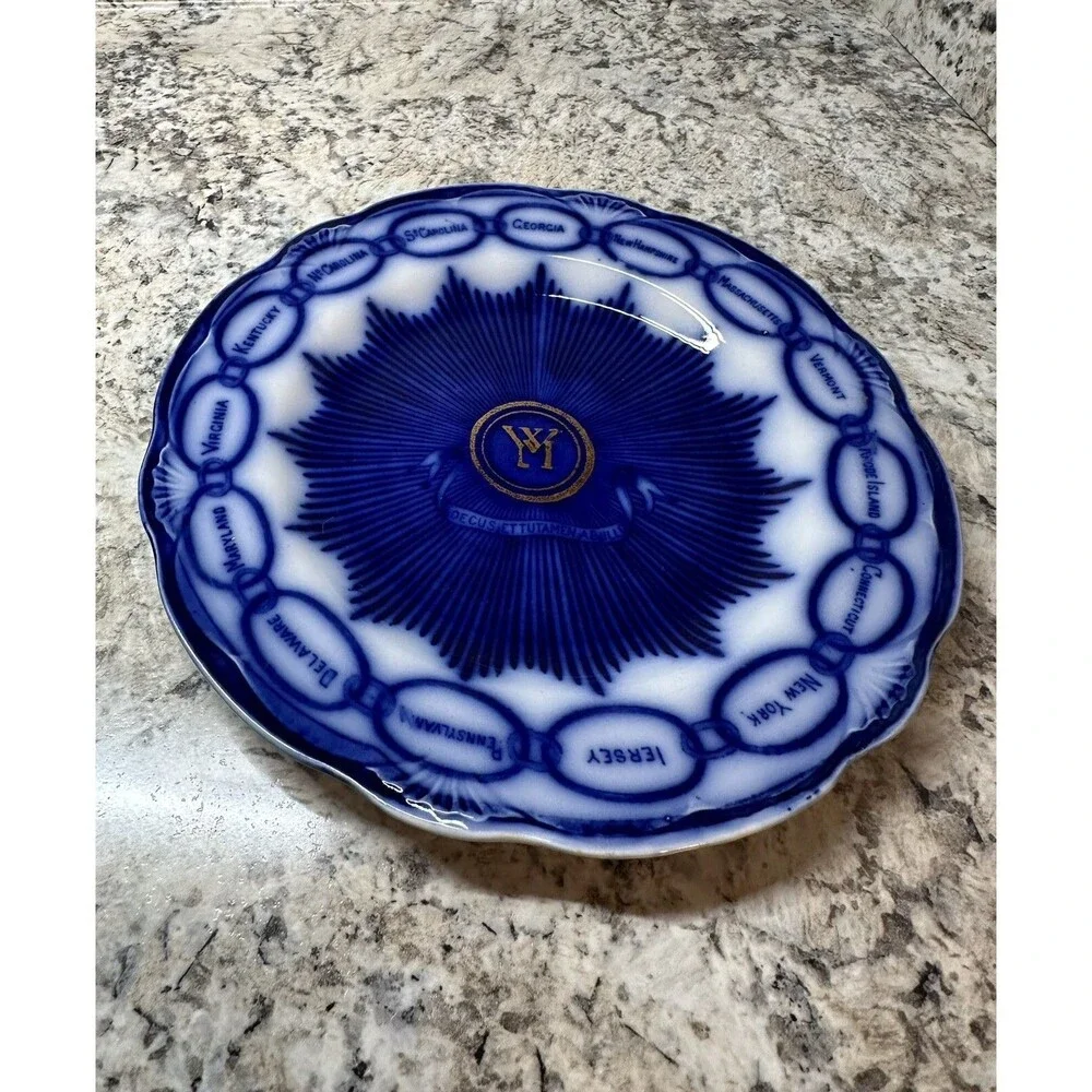 Staffordshire Flow Blue Plate, CHAIN OF STATES, Martha Washington